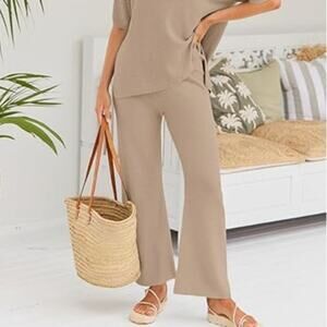 LILLUSORY Women Elastic Waist Pique Knit Pull On Ankle Lounge Pant Size XL Beige